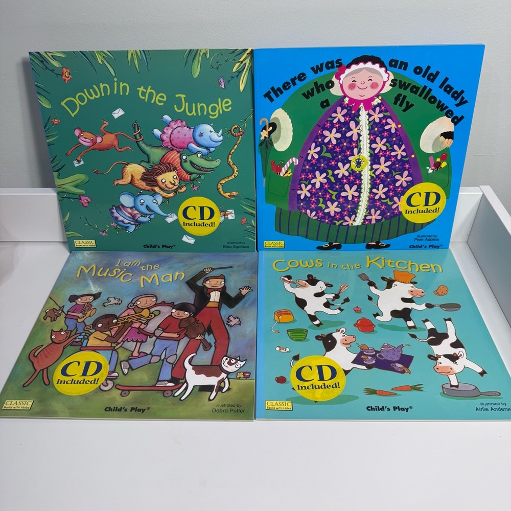 Four Brand New Kids Baby Books Set with CDs Colorful Pages‎ Interactive Softback